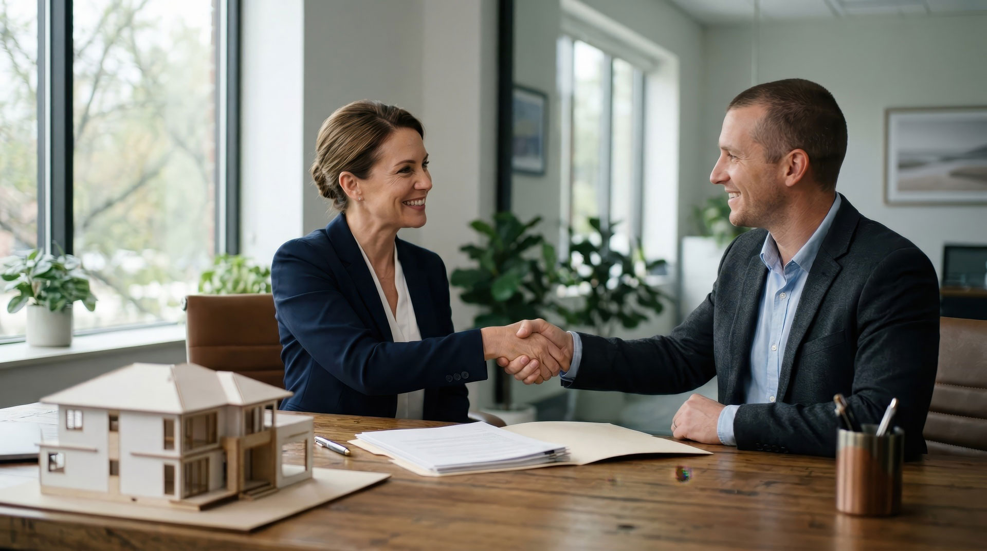 Mann und Frau in Businesskleidung schütteln sich die Hand
